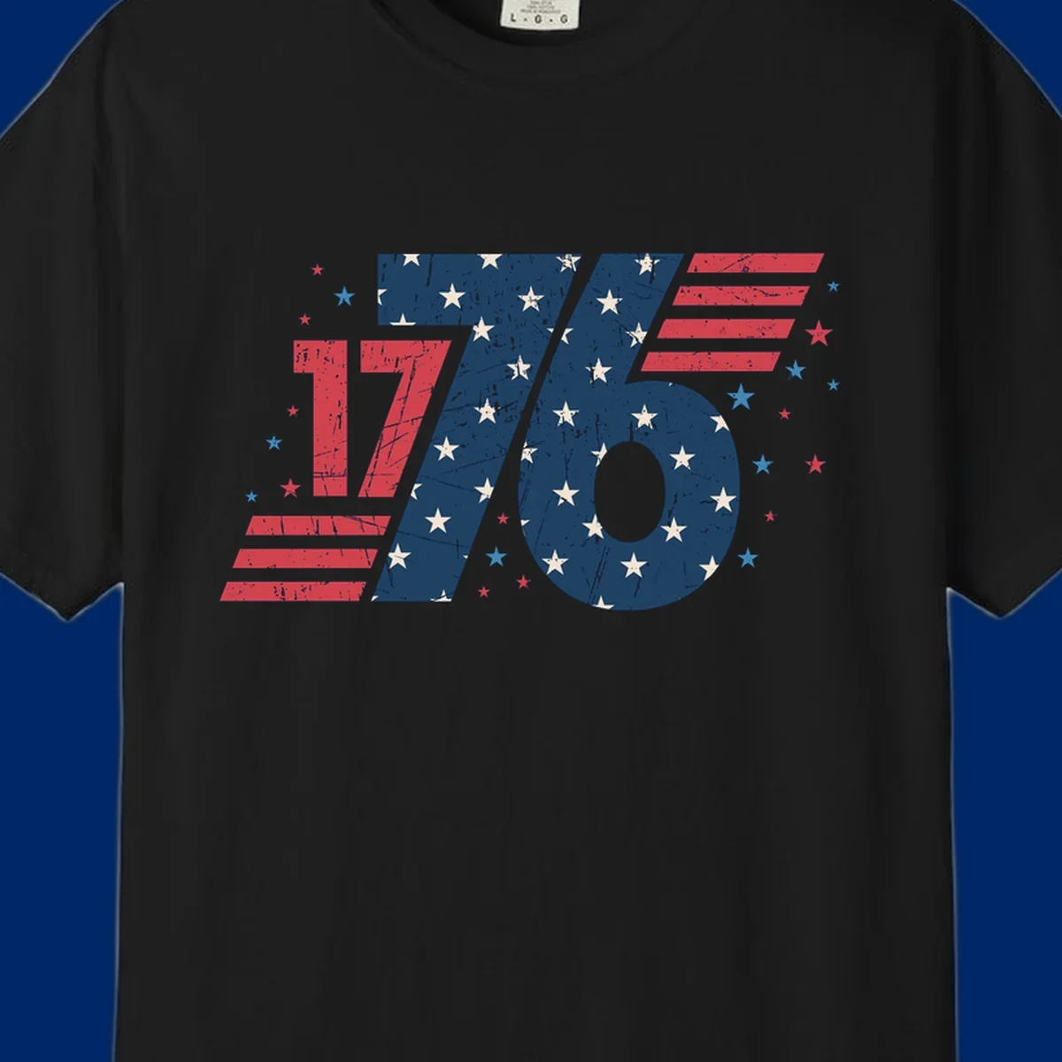 Vintage distressed 1776 flag graphic featuring bold numbers integrated with stars and stripes.