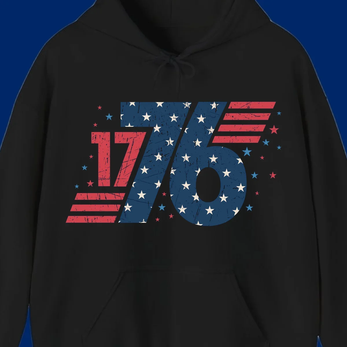 Vintage distressed 1776 flag graphic featuring bold numbers integrated with stars and stripes.