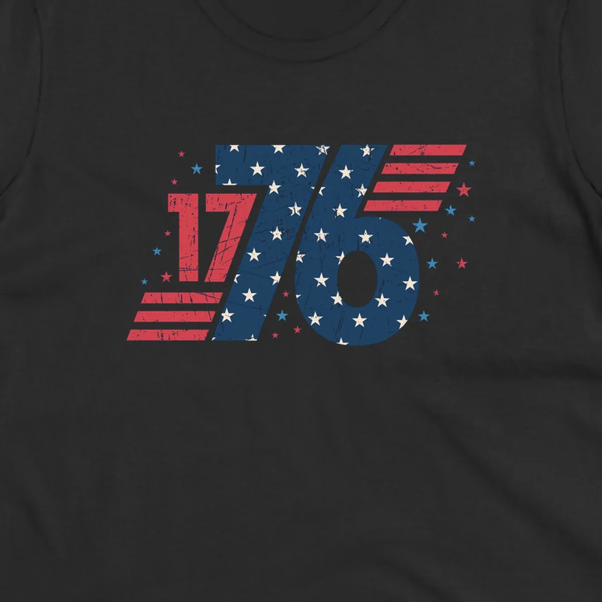 Vintage distressed 1776 flag graphic featuring bold numbers integrated with stars and stripes.