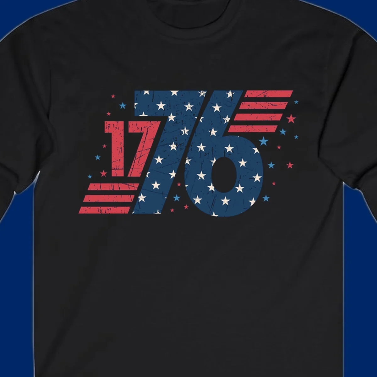 Vintage distressed 1776 flag graphic featuring bold numbers integrated with stars and stripes.