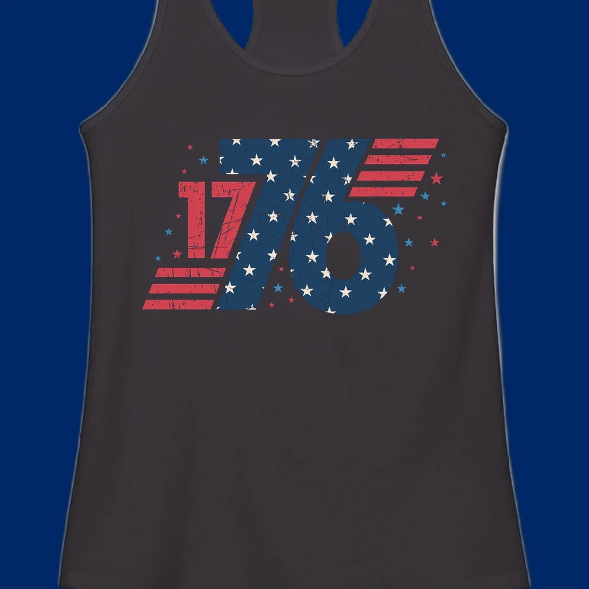 Vintage distressed 1776 flag graphic featuring bold numbers integrated with stars and stripes.
