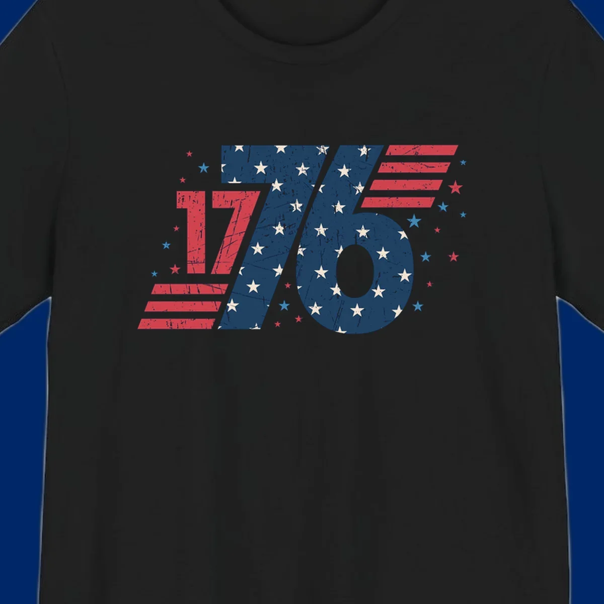 Vintage distressed 1776 flag graphic featuring bold numbers integrated with stars and stripes.