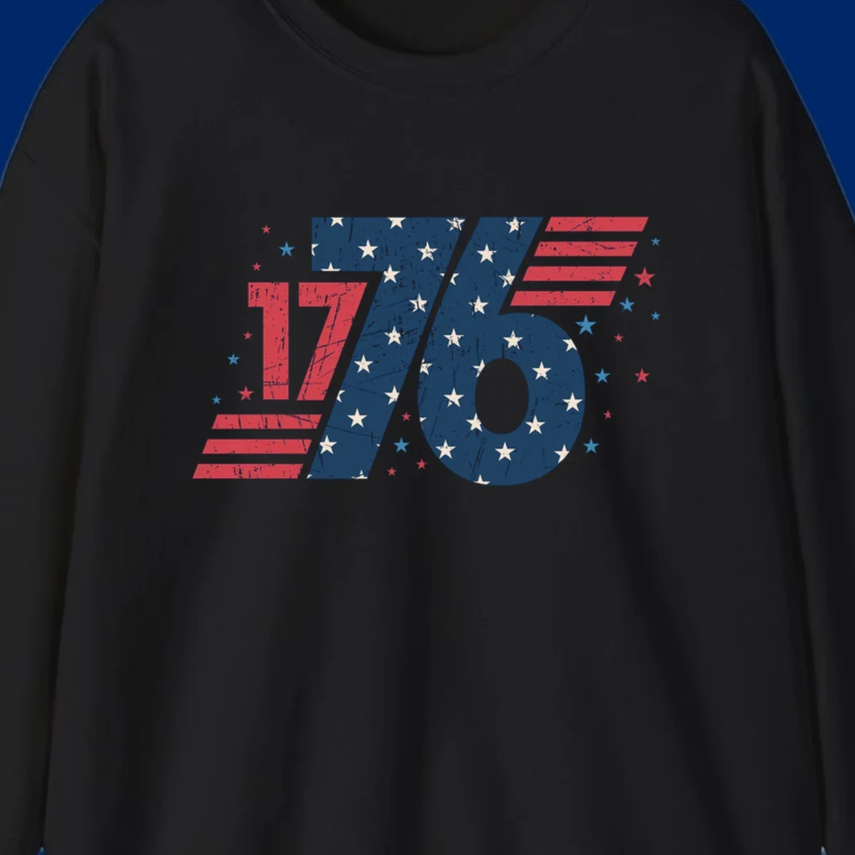 Vintage distressed 1776 flag graphic featuring bold numbers integrated with stars and stripes.