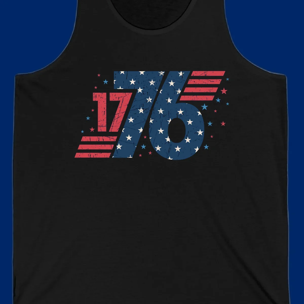 Vintage distressed 1776 flag graphic featuring bold numbers integrated with stars and stripes.