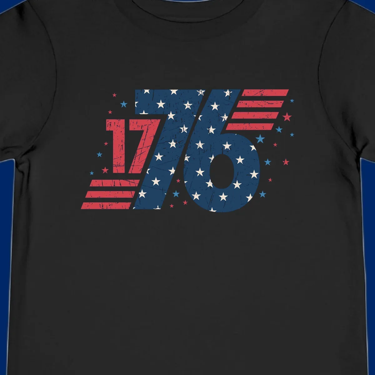 Vintage distressed 1776 flag graphic featuring bold numbers integrated with stars and stripes.