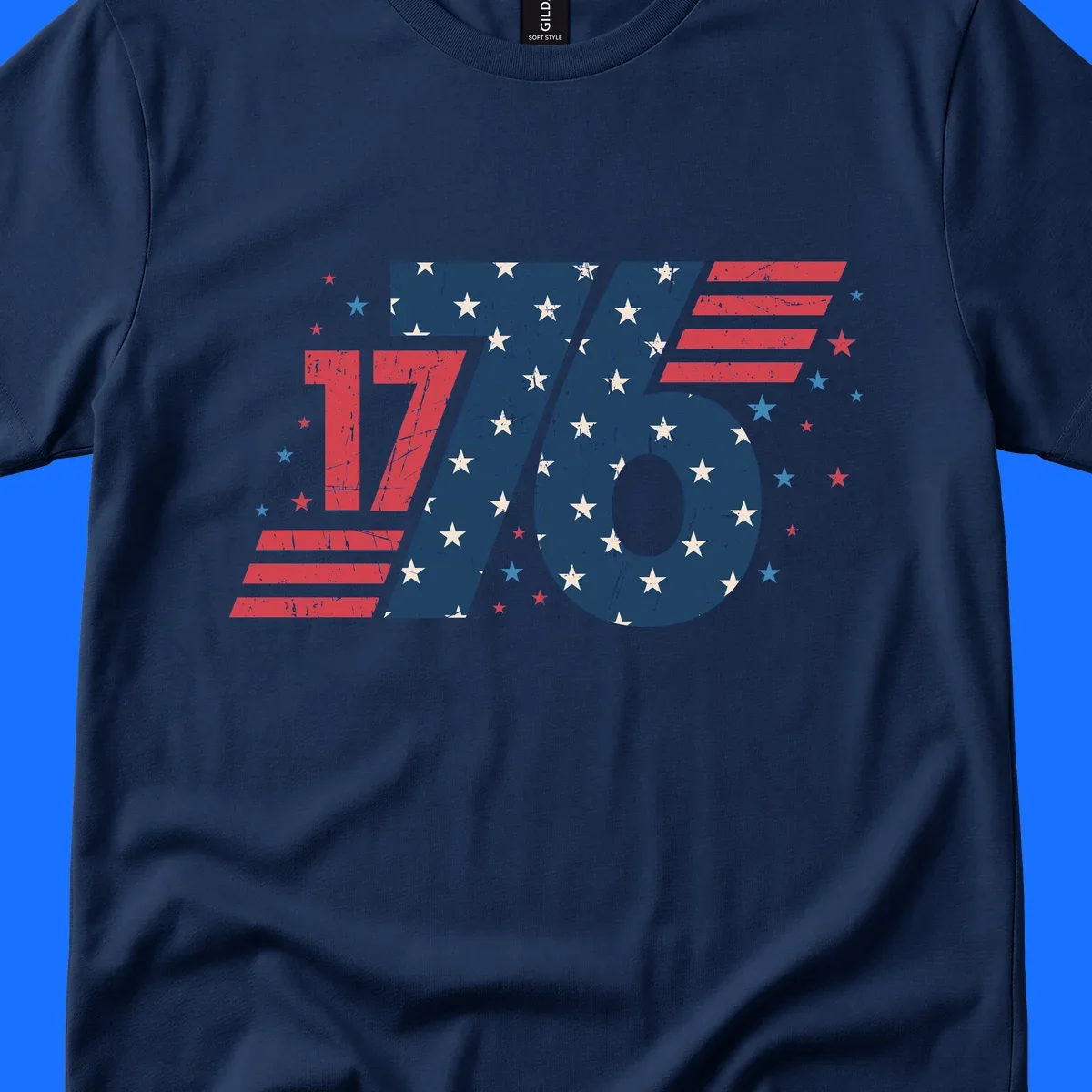 Vintage distressed 1776 flag graphic featuring bold numbers integrated with stars and stripes.