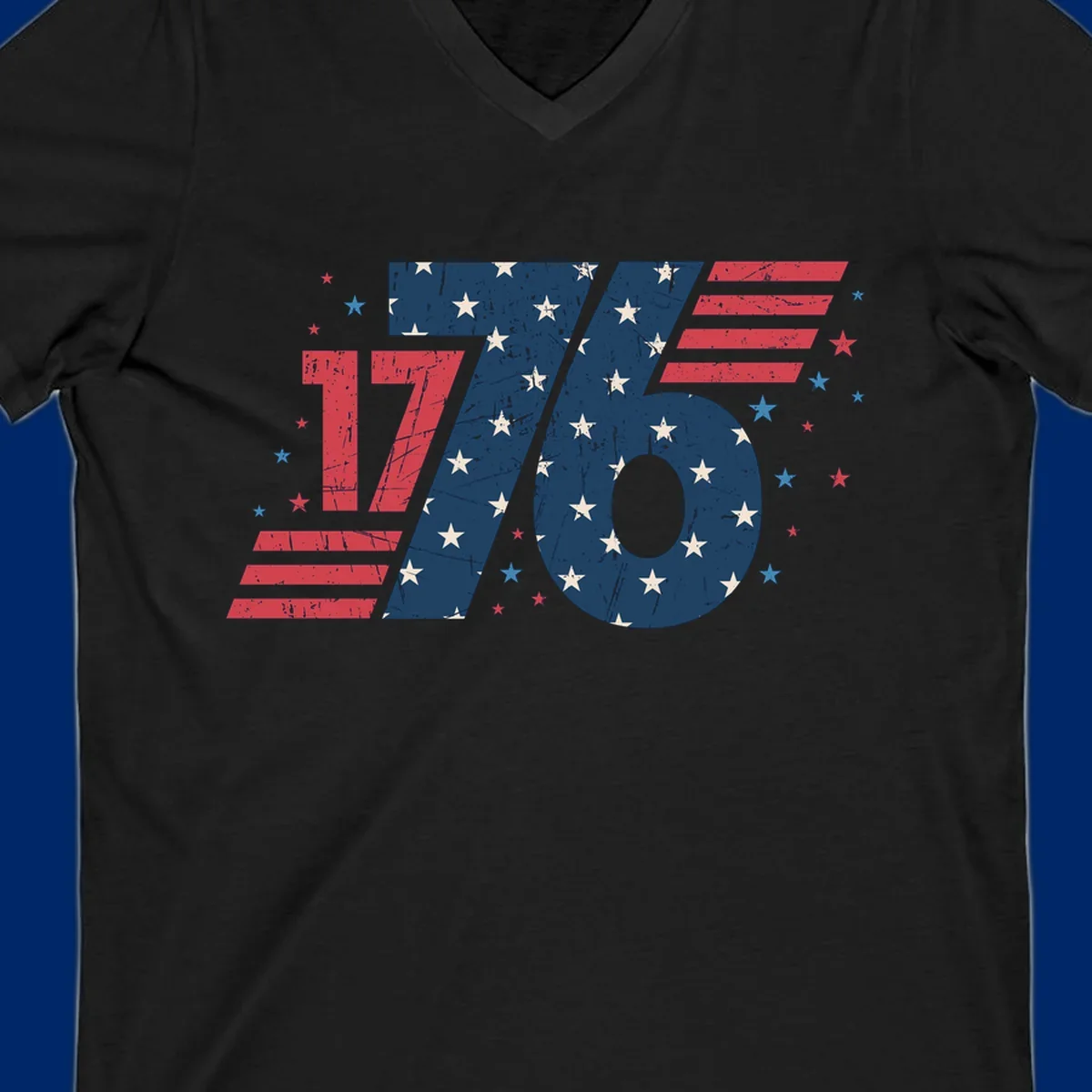 Vintage distressed 1776 flag graphic featuring bold numbers integrated with stars and stripes.