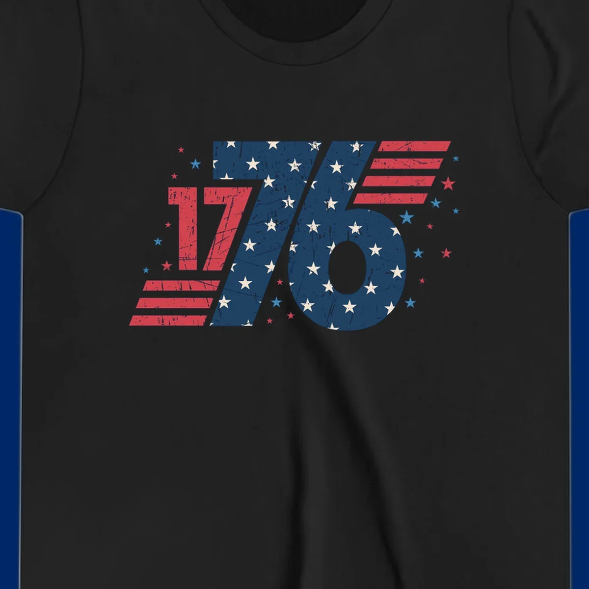 Vintage distressed 1776 flag graphic featuring bold numbers integrated with stars and stripes.