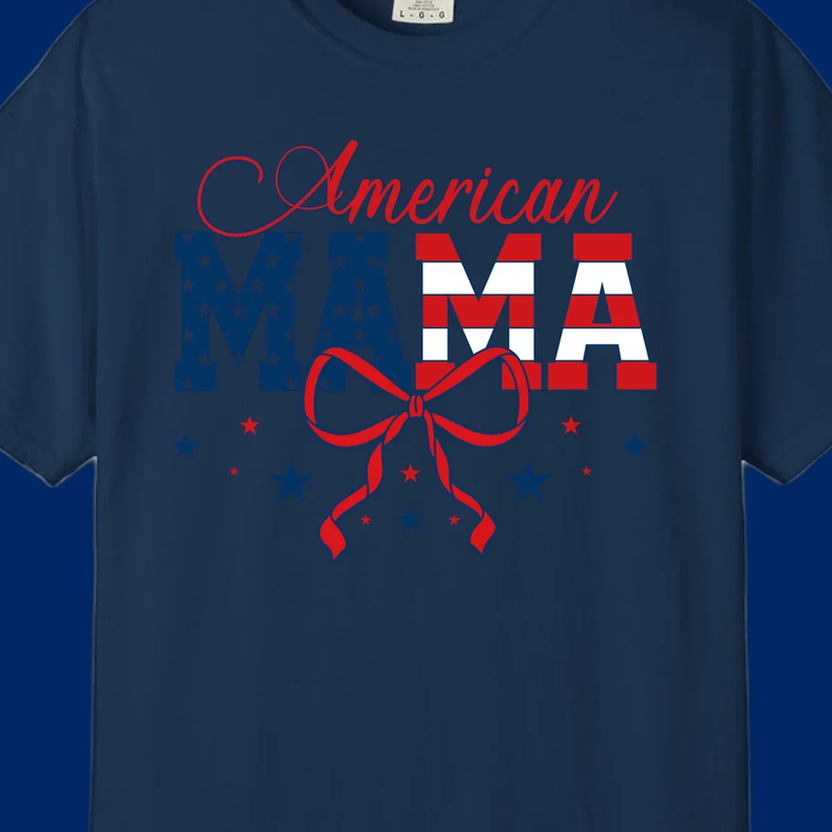 A patriotic design featuring 'American Mama' in red, white, and blue, with stars, stripes, and a bow. Includes the american-mama-patriotic-stars concept.