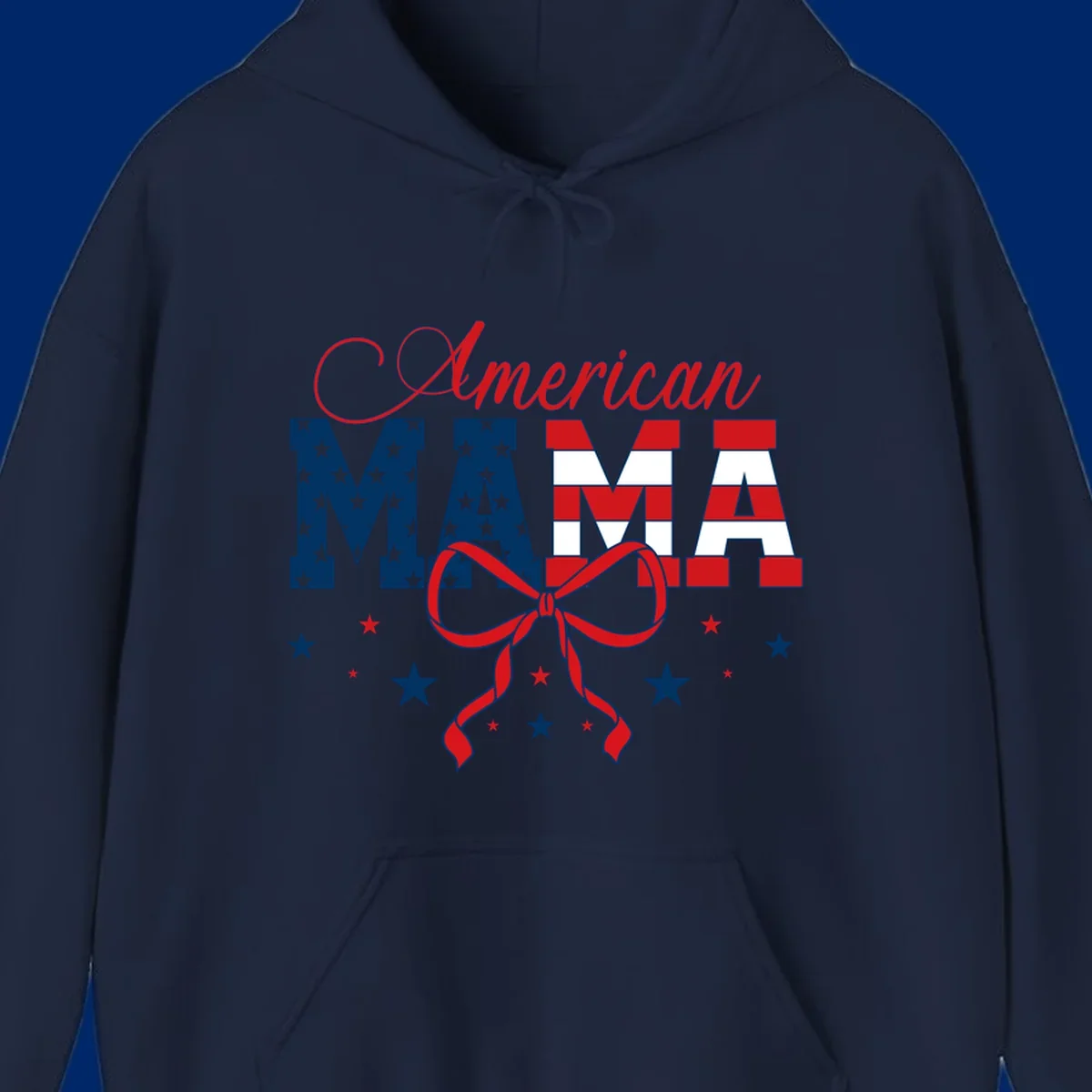 A patriotic design featuring 'American Mama' in red, white, and blue, with stars, stripes, and a bow. Includes the american-mama-patriotic-stars concept.