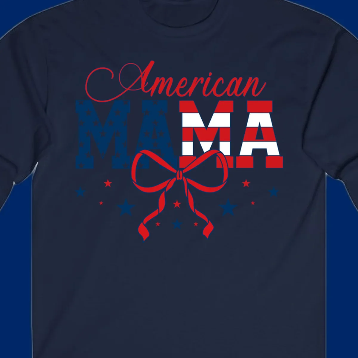 A patriotic design featuring 'American Mama' in red, white, and blue, with stars, stripes, and a bow. Includes the american-mama-patriotic-stars concept.