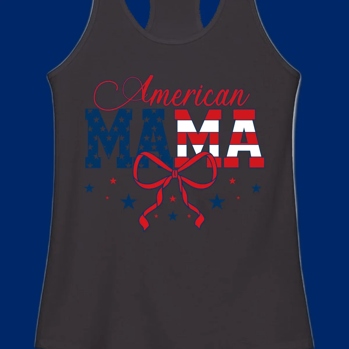 A patriotic design featuring 'American Mama' in red, white, and blue, with stars, stripes, and a bow. Includes the american-mama-patriotic-stars concept.