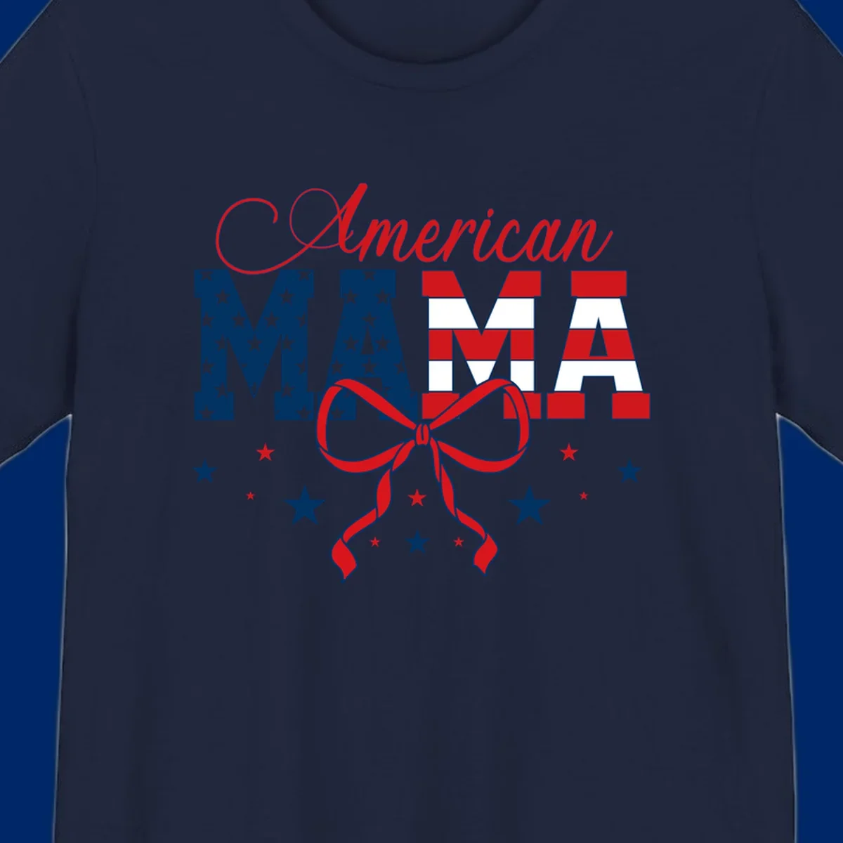 A patriotic design featuring 'American Mama' in red, white, and blue, with stars, stripes, and a bow. Includes the american-mama-patriotic-stars concept.