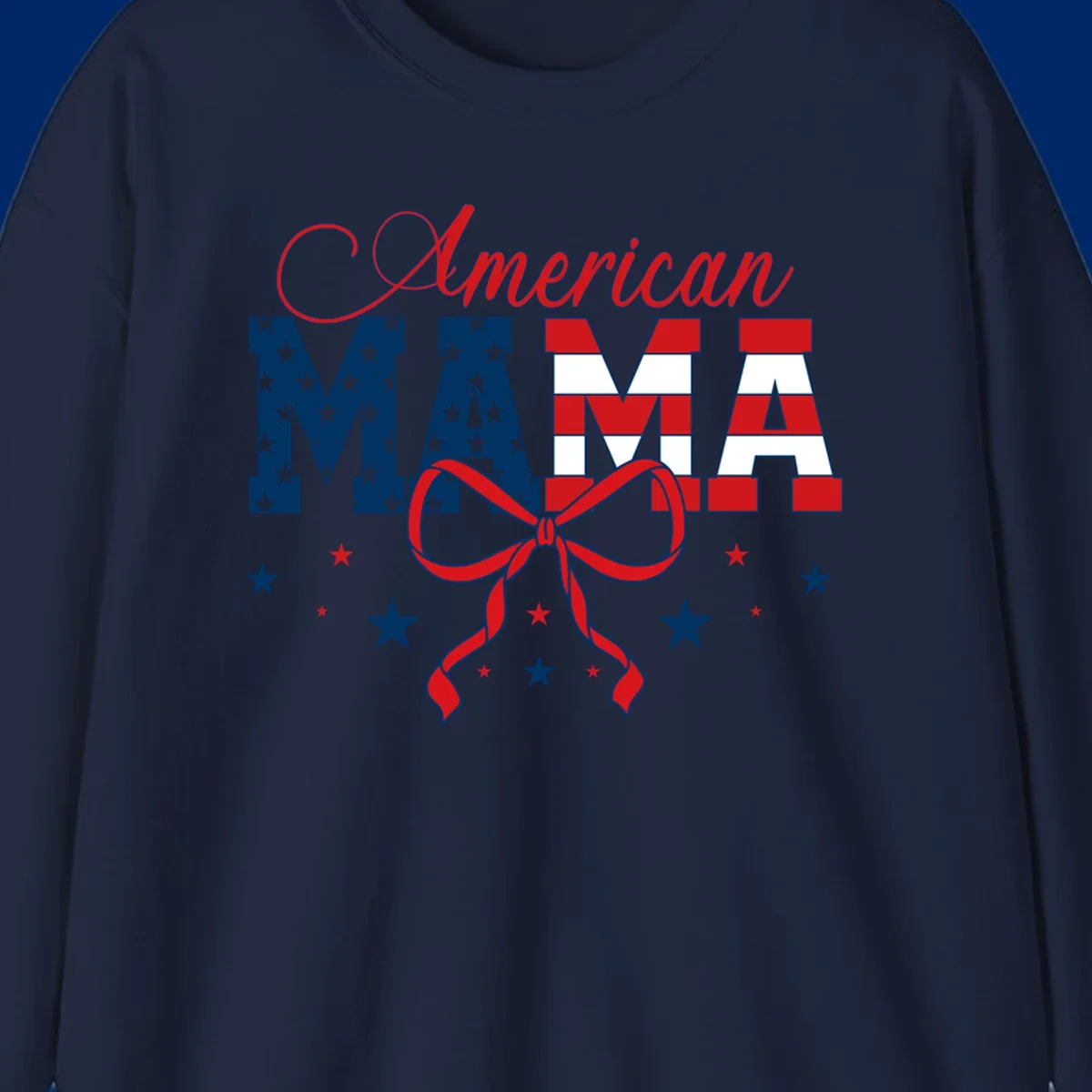 A patriotic design featuring 'American Mama' in red, white, and blue, with stars, stripes, and a bow. Includes the american-mama-patriotic-stars concept.