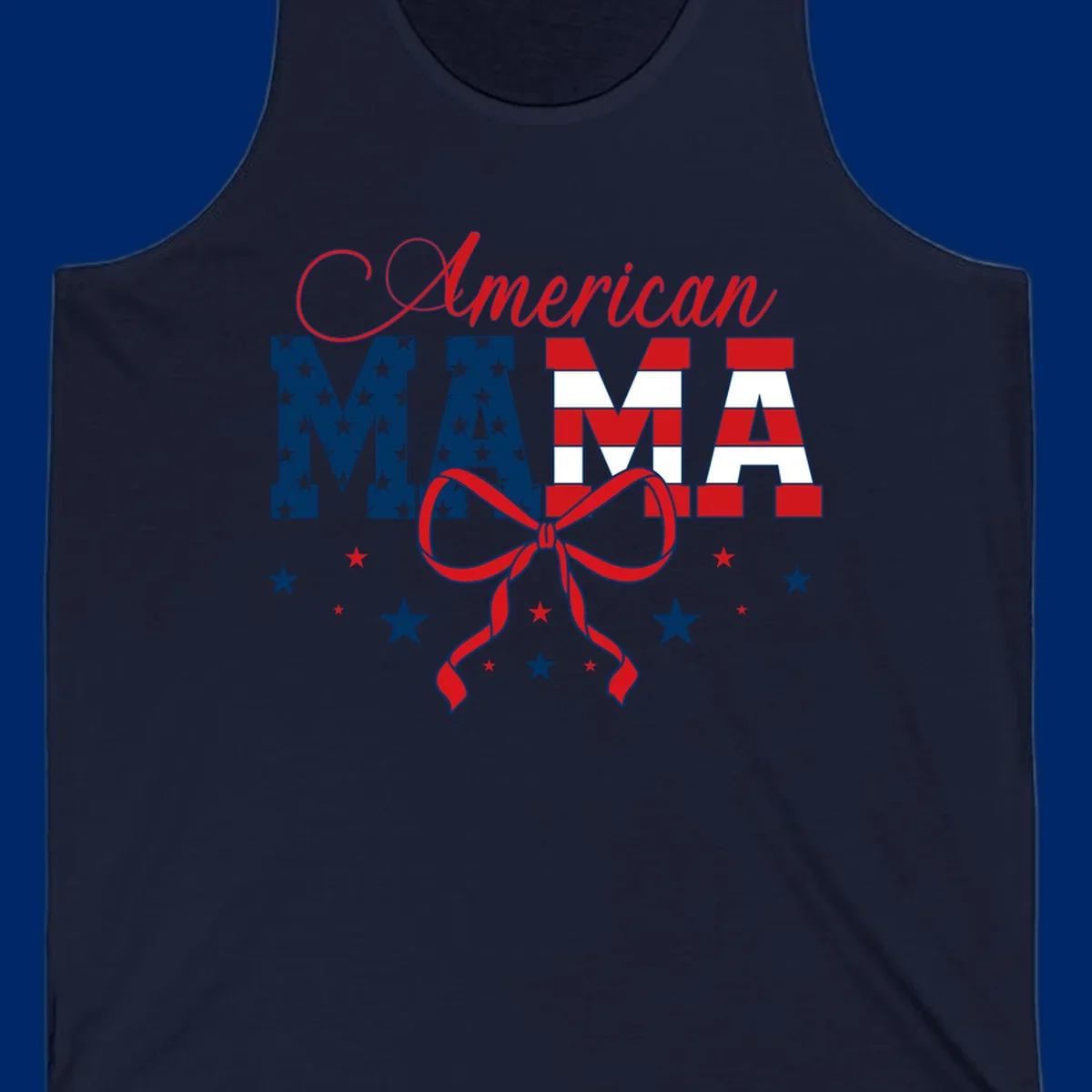 A patriotic design featuring 'American Mama' in red, white, and blue, with stars, stripes, and a bow. Includes the american-mama-patriotic-stars concept.