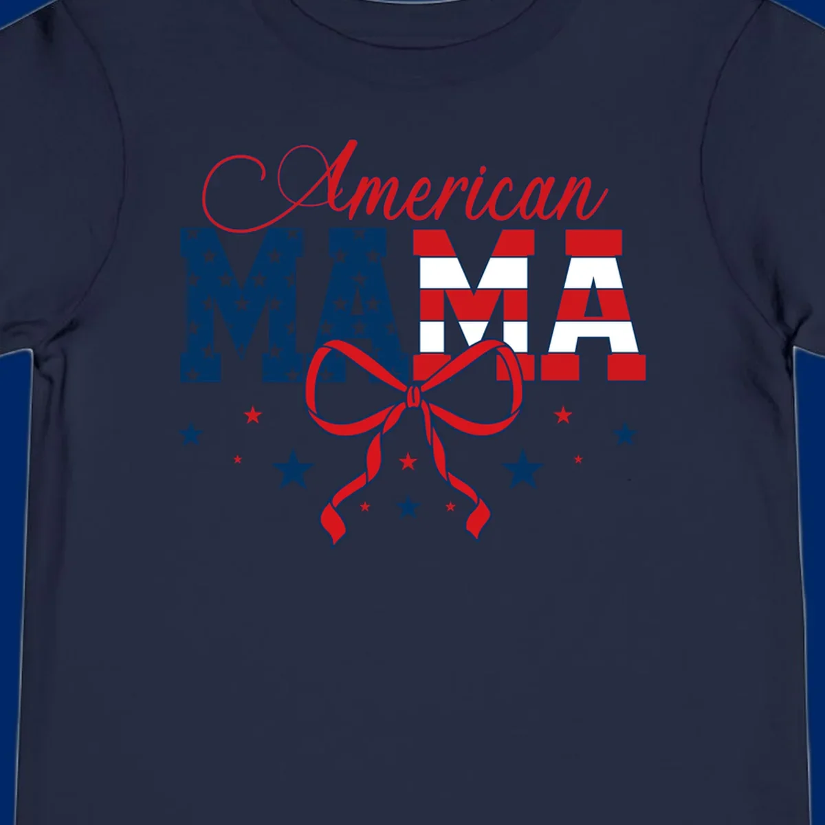 A patriotic design featuring 'American Mama' in red, white, and blue, with stars, stripes, and a bow. Includes the american-mama-patriotic-stars concept.