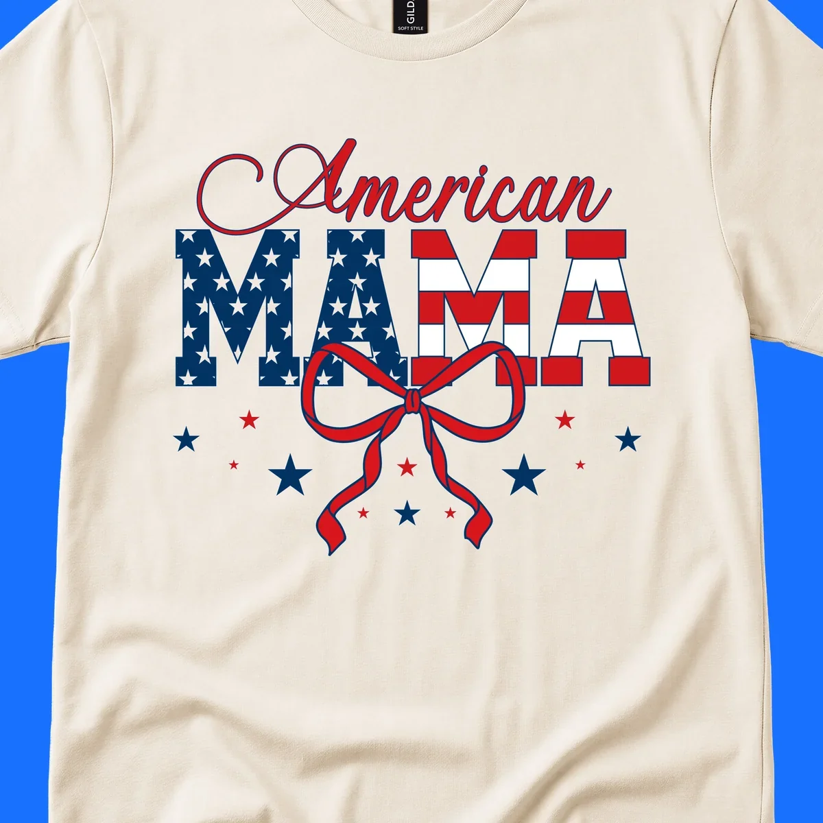 A patriotic design featuring 'American Mama' in red, white, and blue, with stars, stripes, and a bow. Includes the american-mama-patriotic-stars concept.