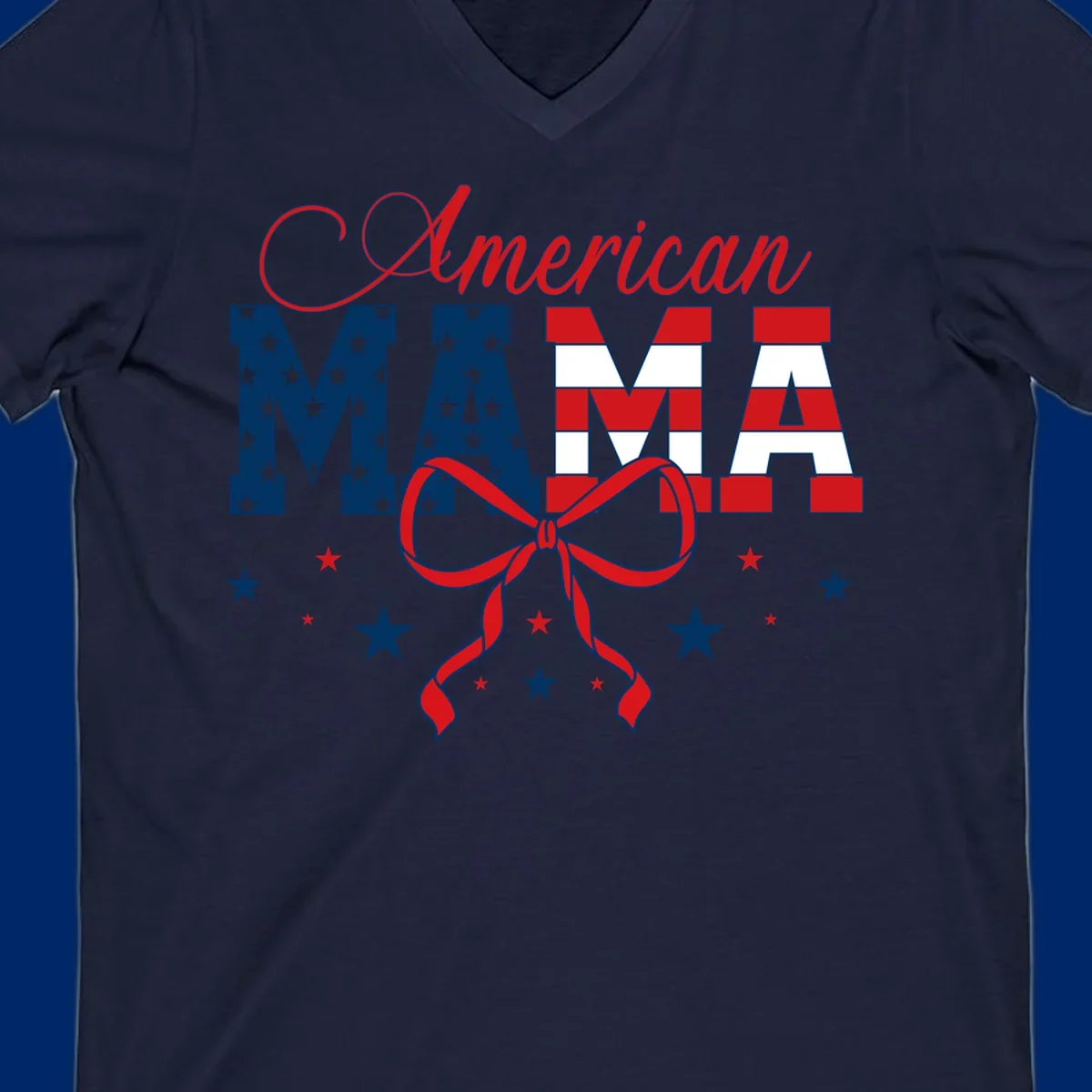 A patriotic design featuring 'American Mama' in red, white, and blue, with stars, stripes, and a bow. Includes the american-mama-patriotic-stars concept.