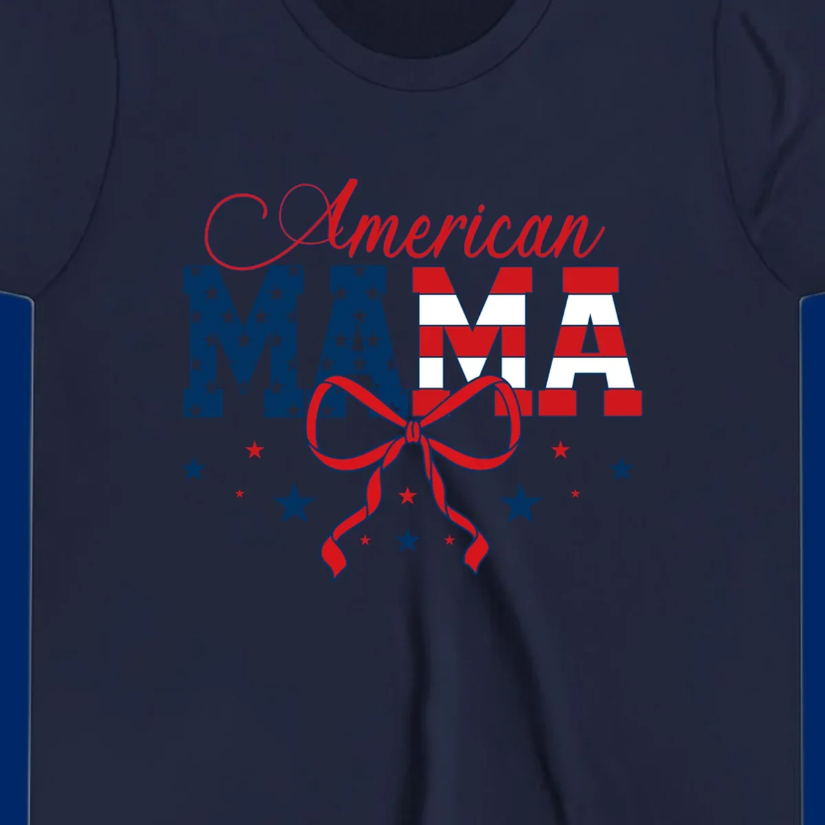 A patriotic design featuring 'American Mama' in red, white, and blue, with stars, stripes, and a bow. Includes the american-mama-patriotic-stars concept.