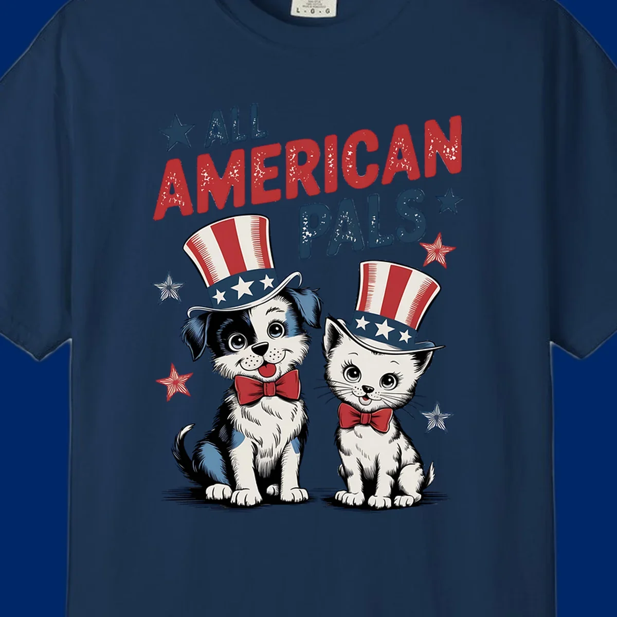 Illustration of a puppy and kitten wearing Uncle Sam hats and bow ties, with the text 'ALL AMERICAN PALS' and stars. A patriotic all-american-pals design.