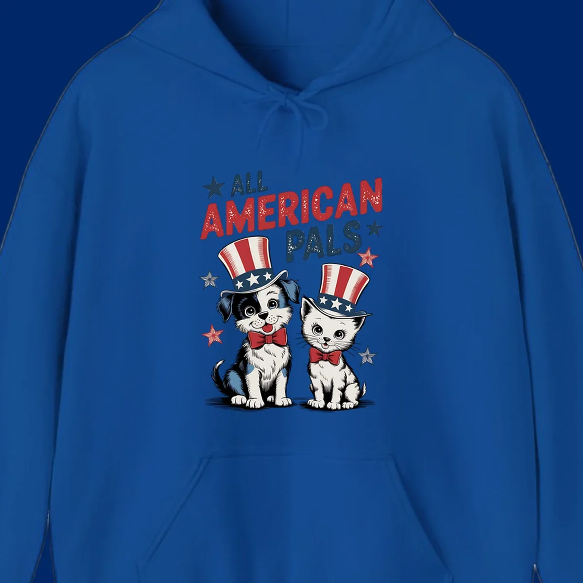 Illustration of a puppy and kitten wearing Uncle Sam hats and bow ties, with the text 'ALL AMERICAN PALS' and stars. A patriotic all-american-pals design.
