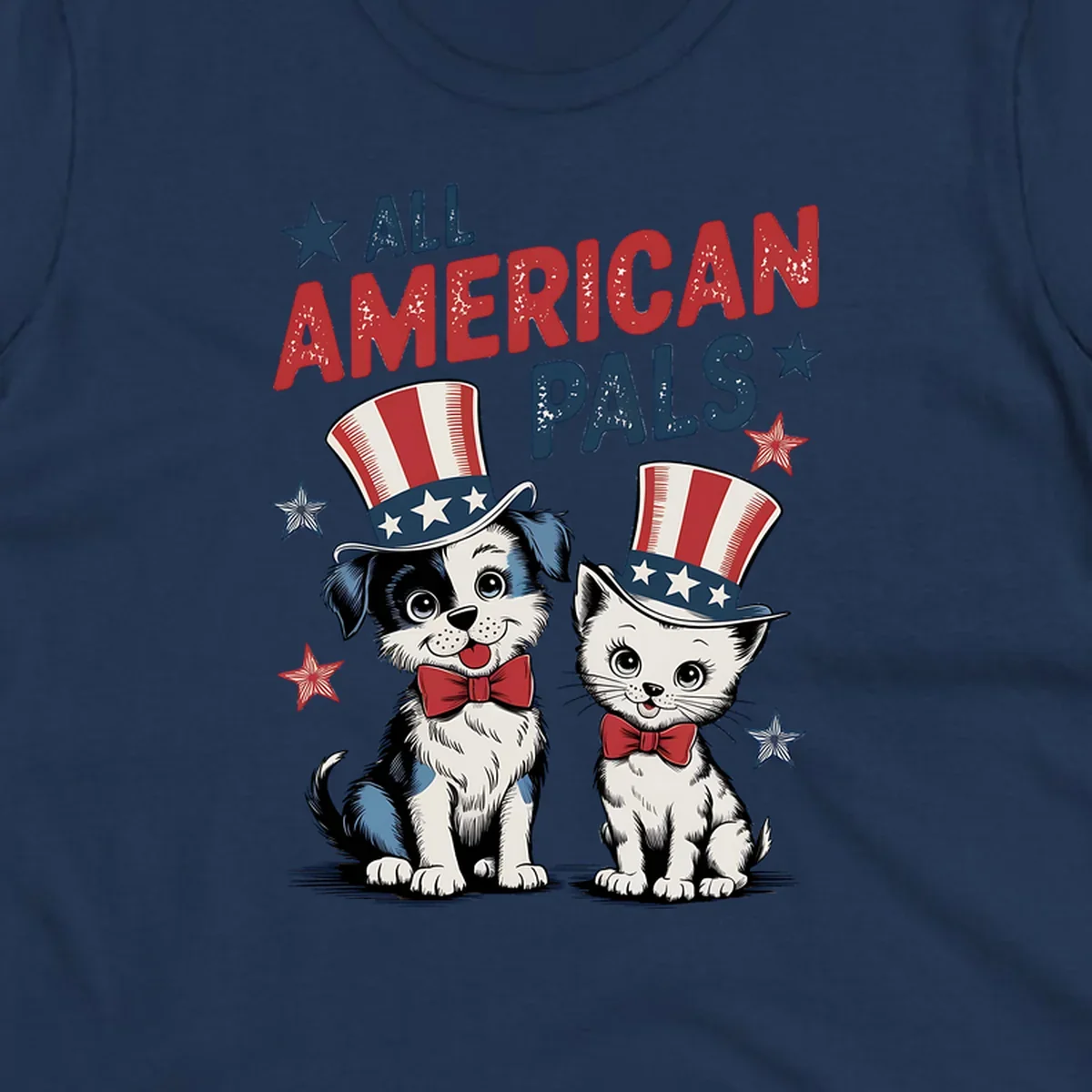 Illustration of a puppy and kitten wearing Uncle Sam hats and bow ties, with the text 'ALL AMERICAN PALS' and stars. A patriotic all-american-pals design.