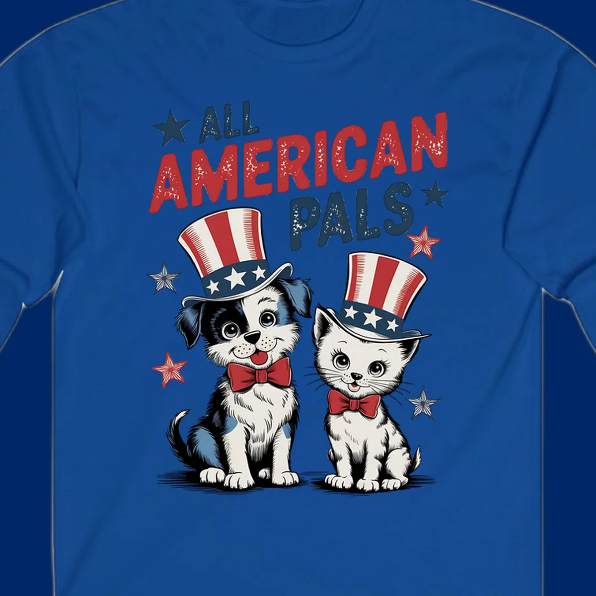 Illustration of a puppy and kitten wearing Uncle Sam hats and bow ties, with the text 'ALL AMERICAN PALS' and stars. A patriotic all-american-pals design.