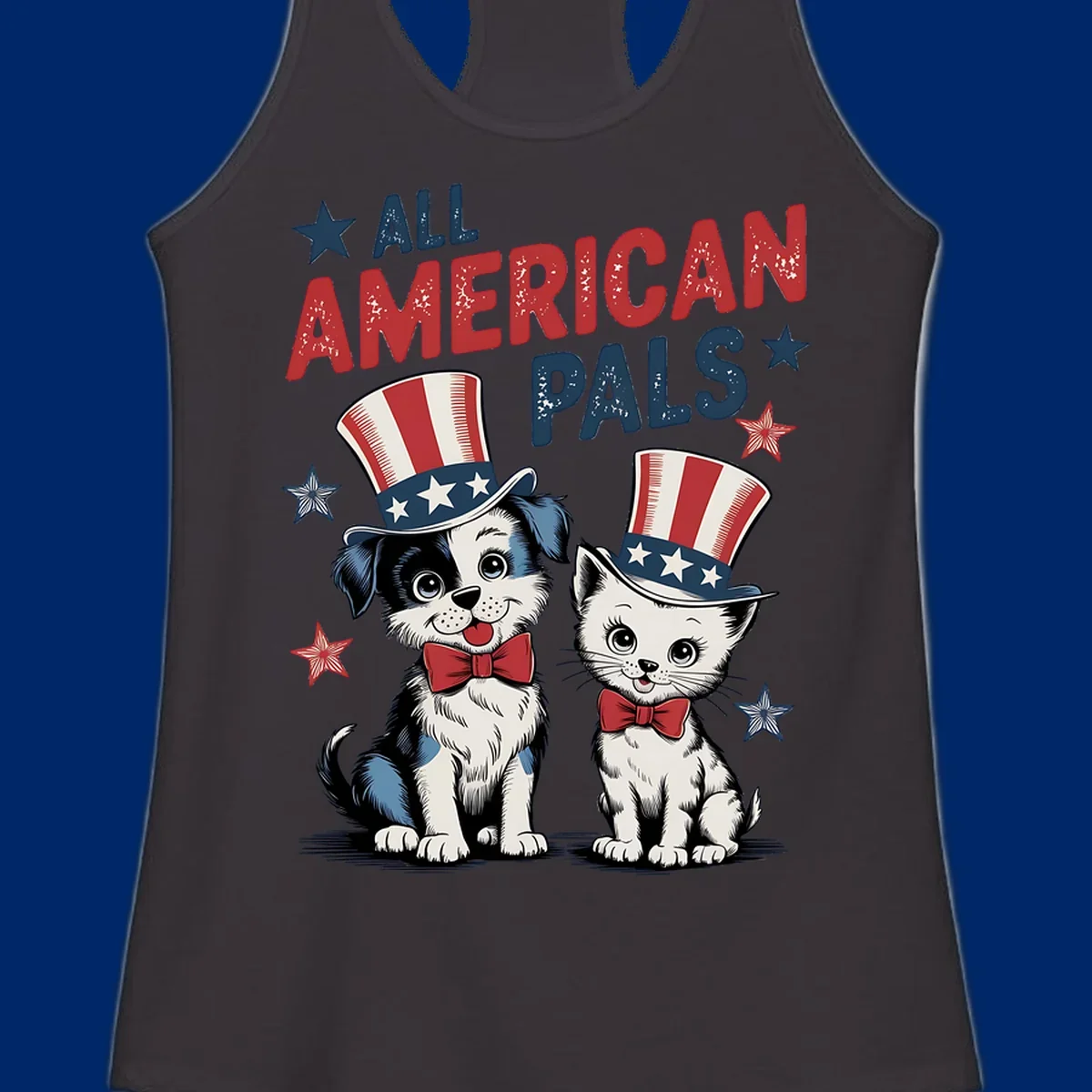 Illustration of a puppy and kitten wearing Uncle Sam hats and bow ties, with the text 'ALL AMERICAN PALS' and stars. A patriotic all-american-pals design.