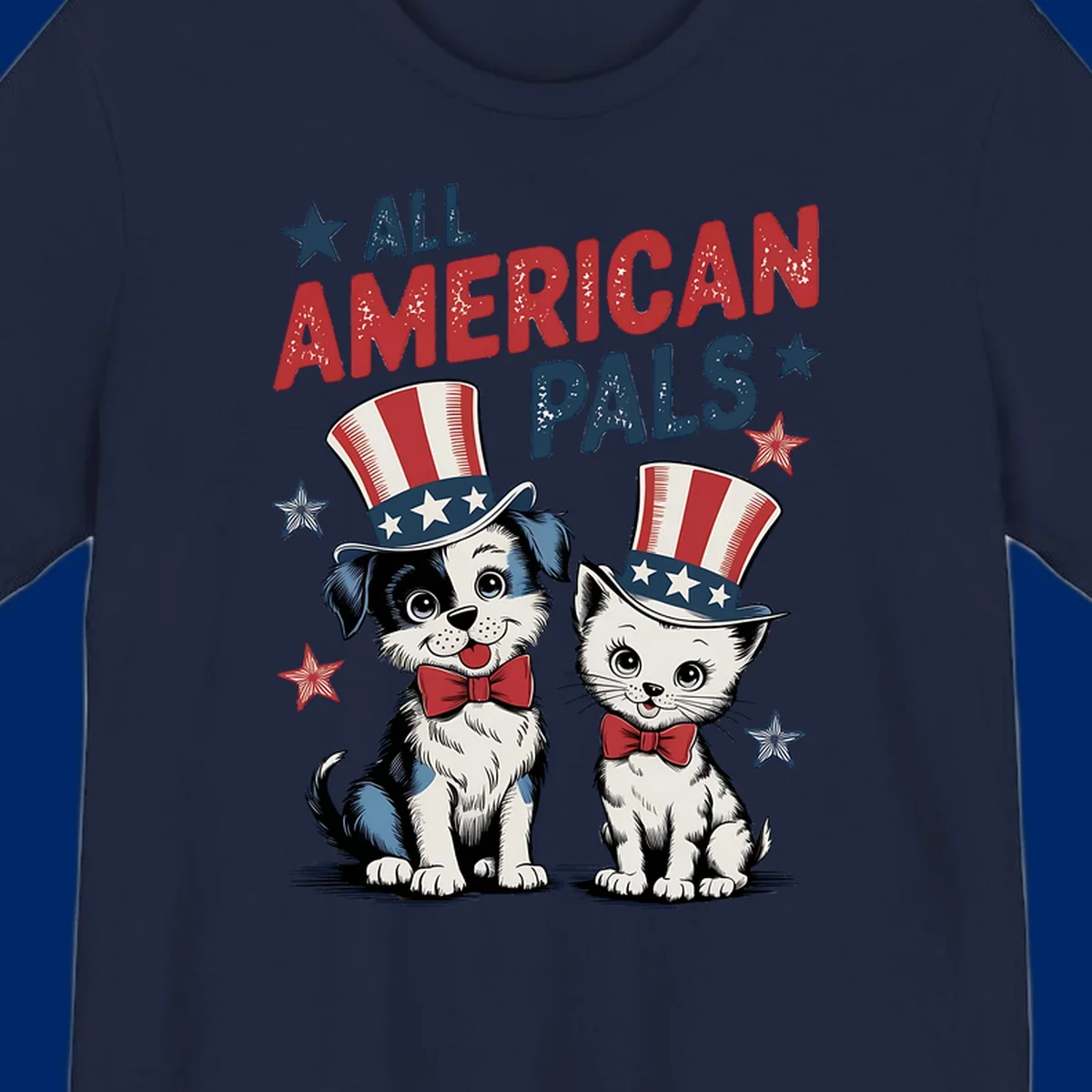 Illustration of a puppy and kitten wearing Uncle Sam hats and bow ties, with the text 'ALL AMERICAN PALS' and stars. A patriotic all-american-pals design.
