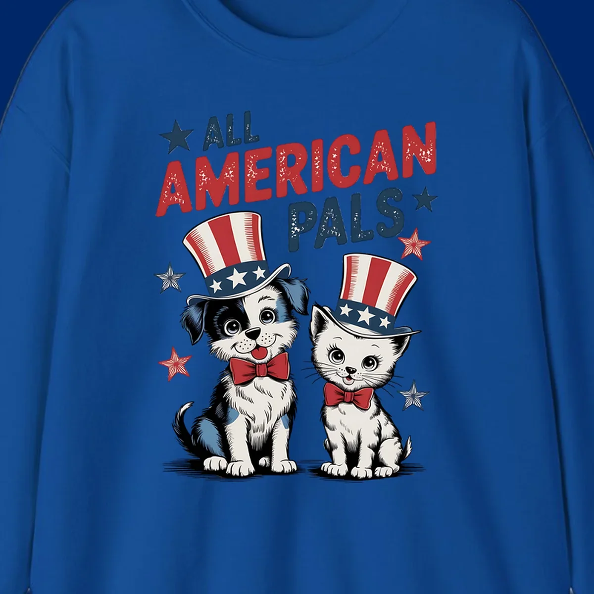 Illustration of a puppy and kitten wearing Uncle Sam hats and bow ties, with the text 'ALL AMERICAN PALS' and stars. A patriotic all-american-pals design.