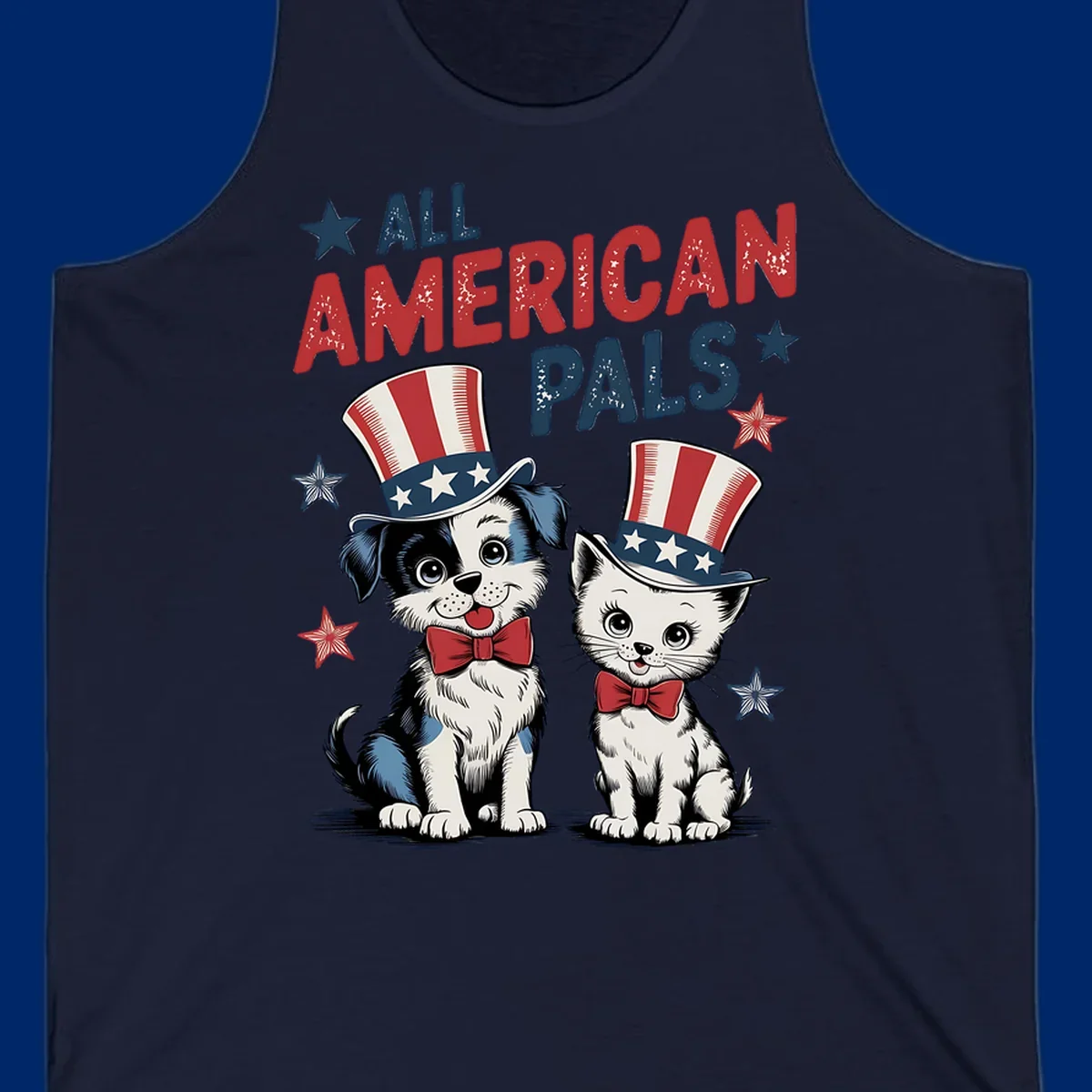 Illustration of a puppy and kitten wearing Uncle Sam hats and bow ties, with the text 'ALL AMERICAN PALS' and stars. A patriotic all-american-pals design.