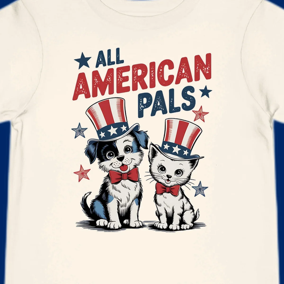 Illustration of a puppy and kitten wearing Uncle Sam hats and bow ties, with the text 'ALL AMERICAN PALS' and stars. A patriotic all-american-pals design.