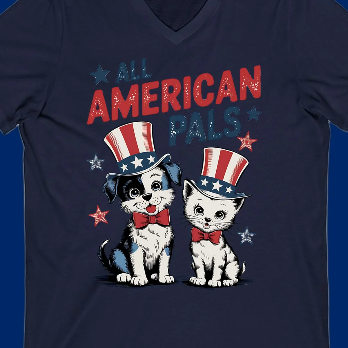 Illustration of a puppy and kitten wearing Uncle Sam hats and bow ties, with the text 'ALL AMERICAN PALS' and stars. A patriotic all-american-pals design.