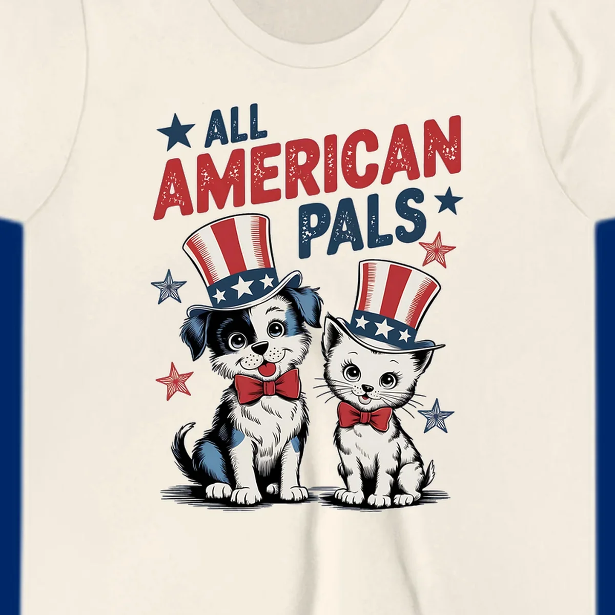 Illustration of a puppy and kitten wearing Uncle Sam hats and bow ties, with the text 'ALL AMERICAN PALS' and stars. A patriotic all-american-pals design.