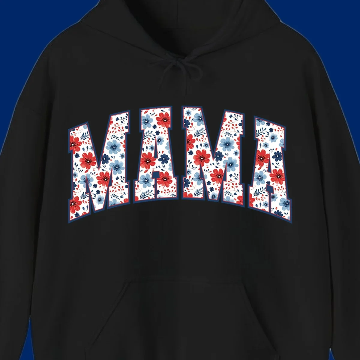The word MAMA spelled out in large letters, filled with a patriotic floral design of red and blue flowers and leaves, outlined in navy. This mama-patriotic-floral-design celebrates American heritage.