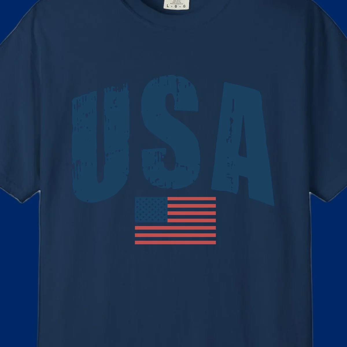 A design featuring the distressed dark blue letters 'USA' stacked above an American flag, representing usa-flag-distressed-patriotic.