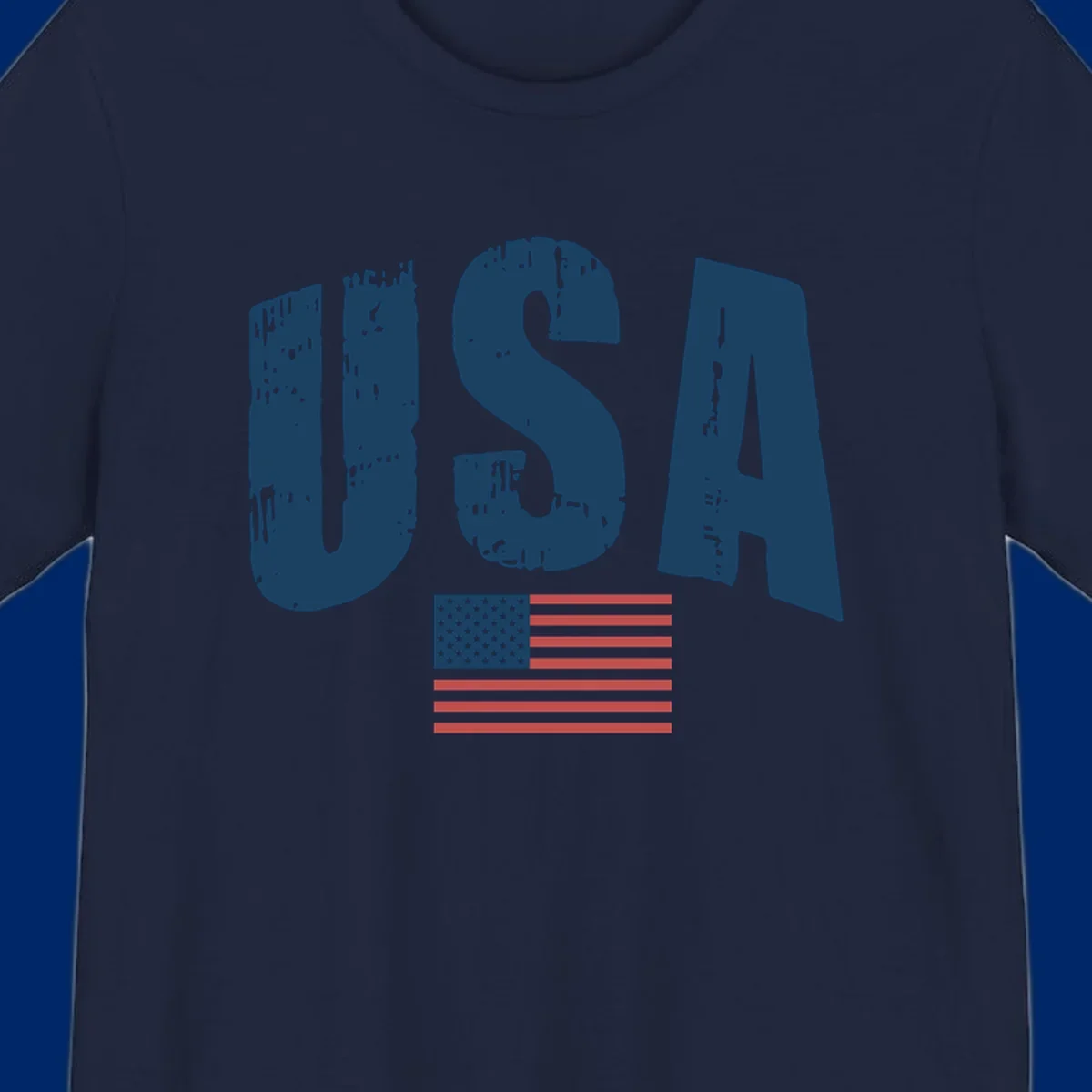 A design featuring the distressed dark blue letters 'USA' stacked above an American flag, representing usa-flag-distressed-patriotic.