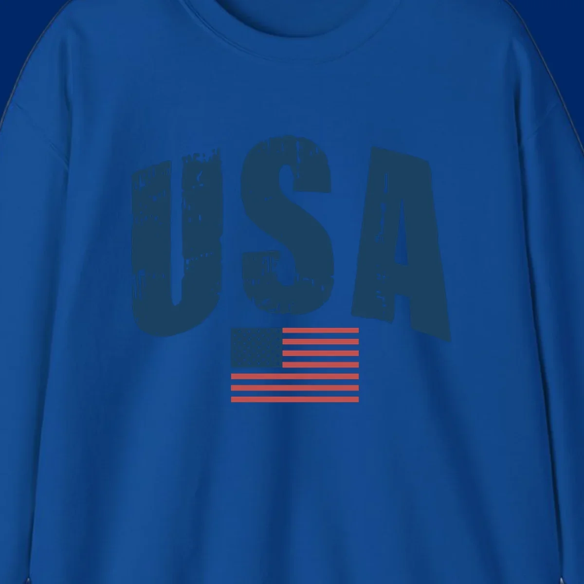 A design featuring the distressed dark blue letters 'USA' stacked above an American flag, representing usa-flag-distressed-patriotic.