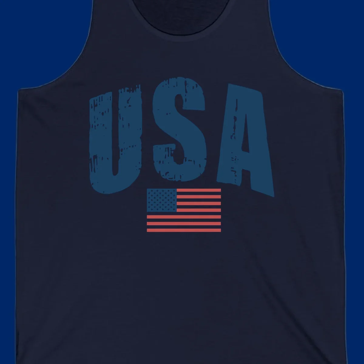 A design featuring the distressed dark blue letters 'USA' stacked above an American flag, representing usa-flag-distressed-patriotic.