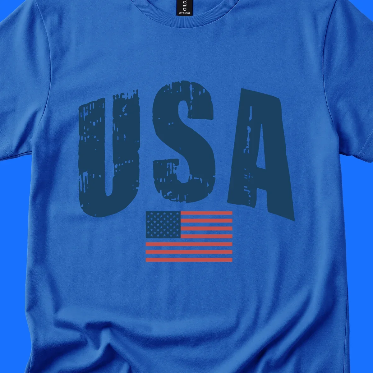 A design featuring the distressed dark blue letters 'USA' stacked above an American flag, representing usa-flag-distressed-patriotic.