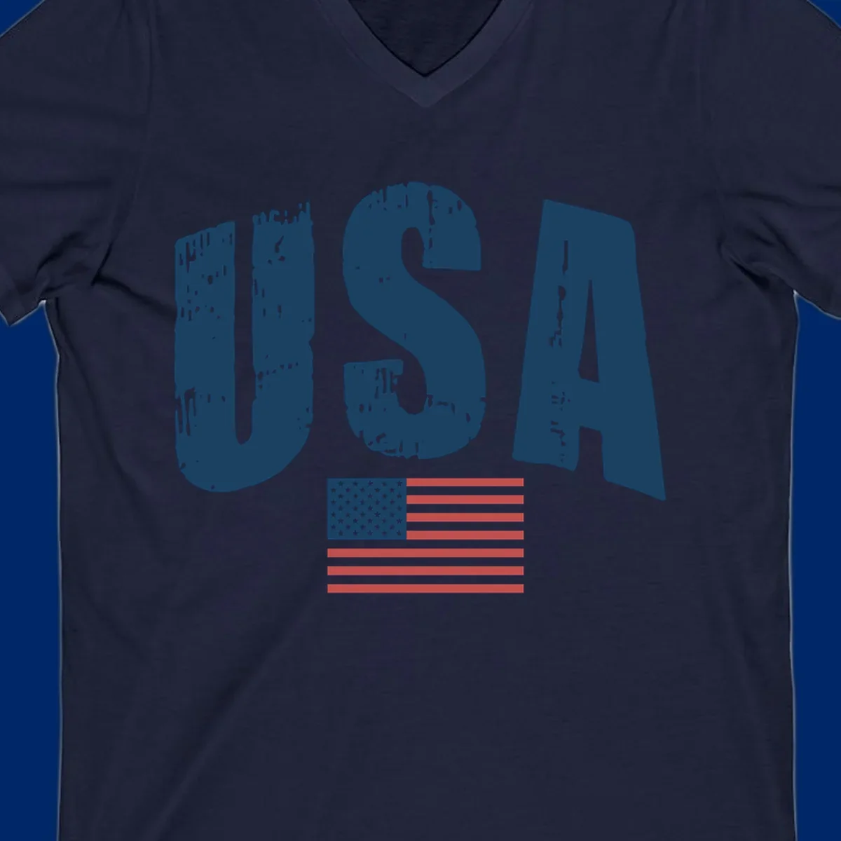 A design featuring the distressed dark blue letters 'USA' stacked above an American flag, representing usa-flag-distressed-patriotic.