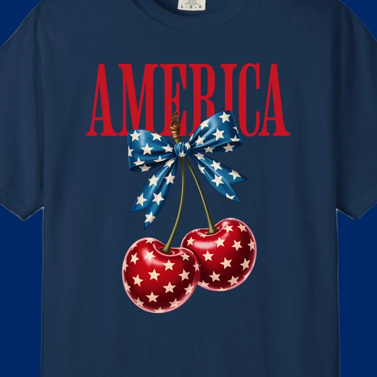 The word AMERICA in red above two red, white, and blue star-spangled cherries tied with a star bow. Features america-patriotic-cherries.