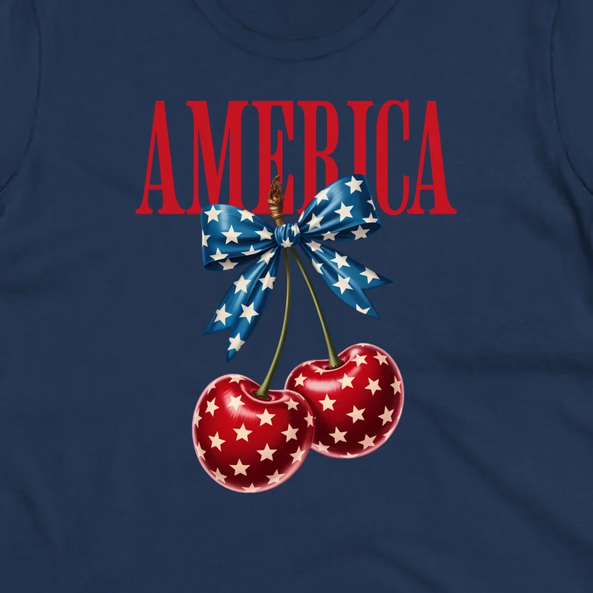The word AMERICA in red above two red, white, and blue star-spangled cherries tied with a star bow. Features america-patriotic-cherries.