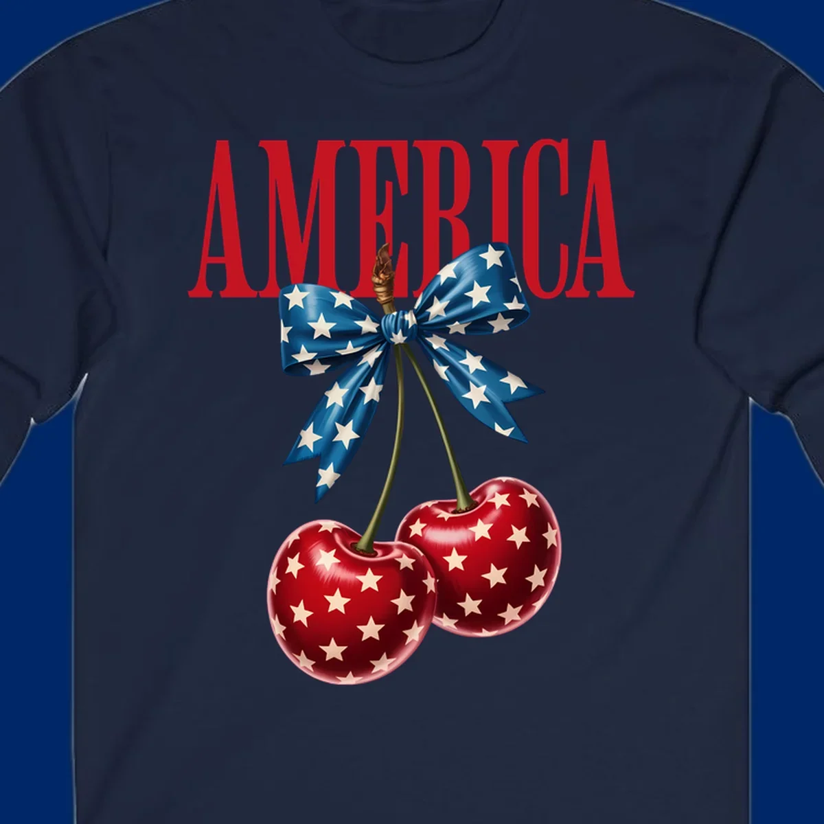 The word AMERICA in red above two red, white, and blue star-spangled cherries tied with a star bow. Features america-patriotic-cherries.