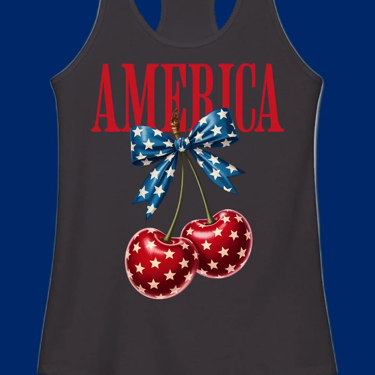 The word AMERICA in red above two red, white, and blue star-spangled cherries tied with a star bow. Features america-patriotic-cherries.