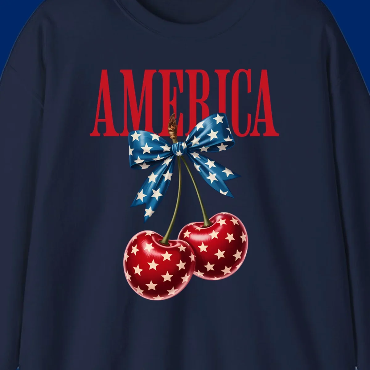 The word AMERICA in red above two red, white, and blue star-spangled cherries tied with a star bow. Features america-patriotic-cherries.
