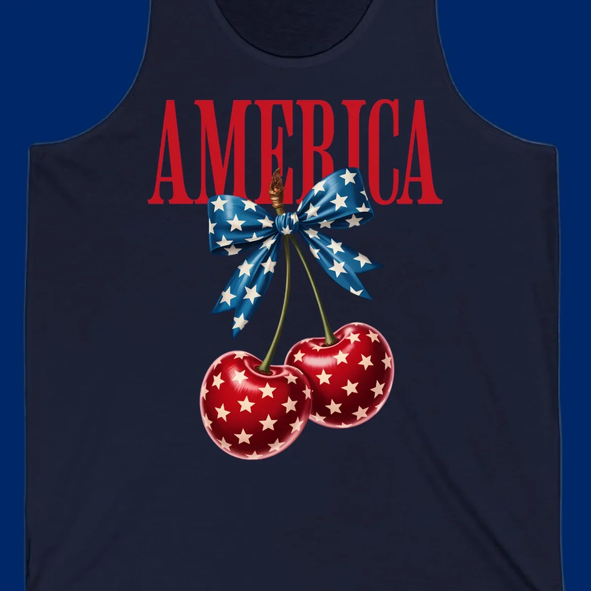 The word AMERICA in red above two red, white, and blue star-spangled cherries tied with a star bow. Features america-patriotic-cherries.