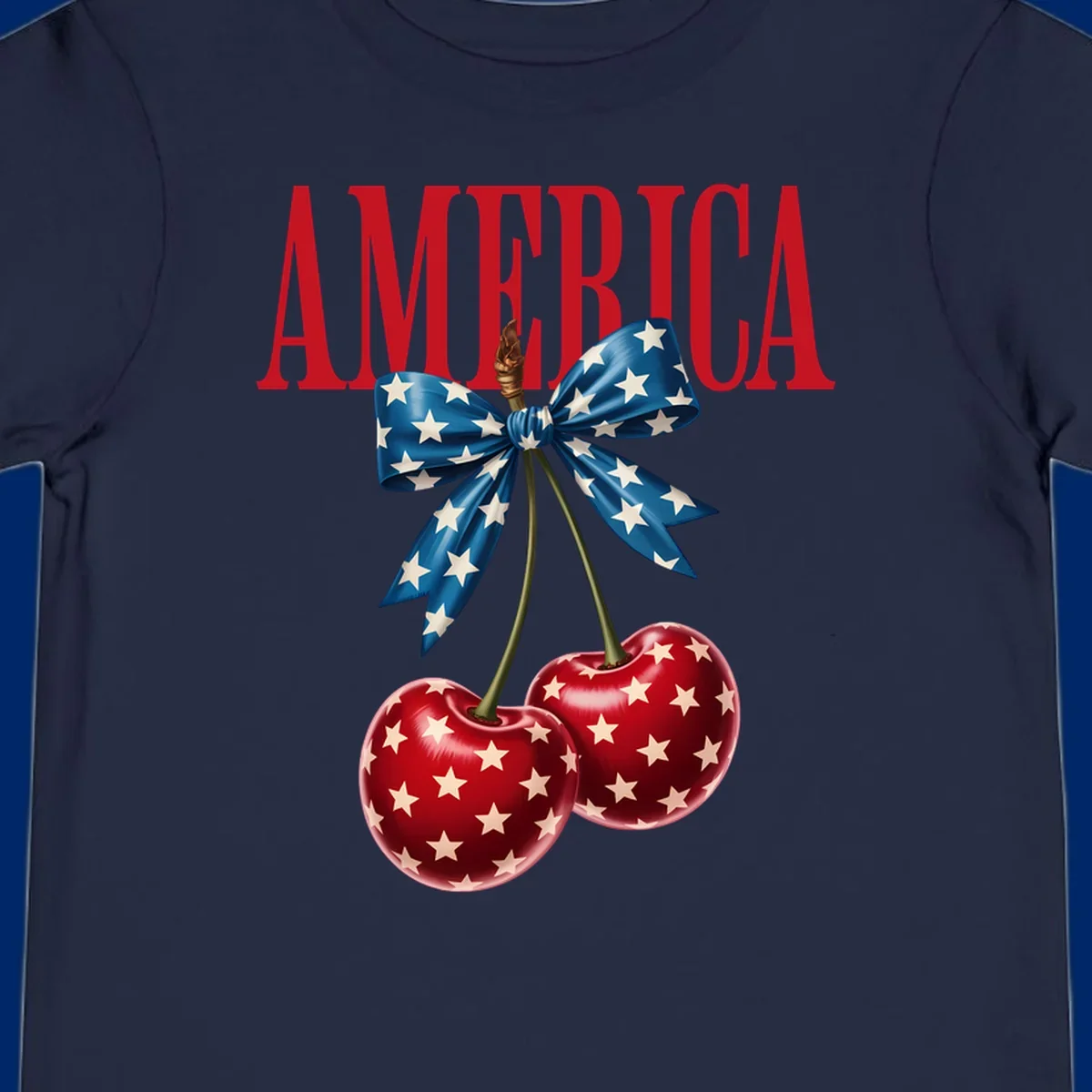 The word AMERICA in red above two red, white, and blue star-spangled cherries tied with a star bow. Features america-patriotic-cherries.