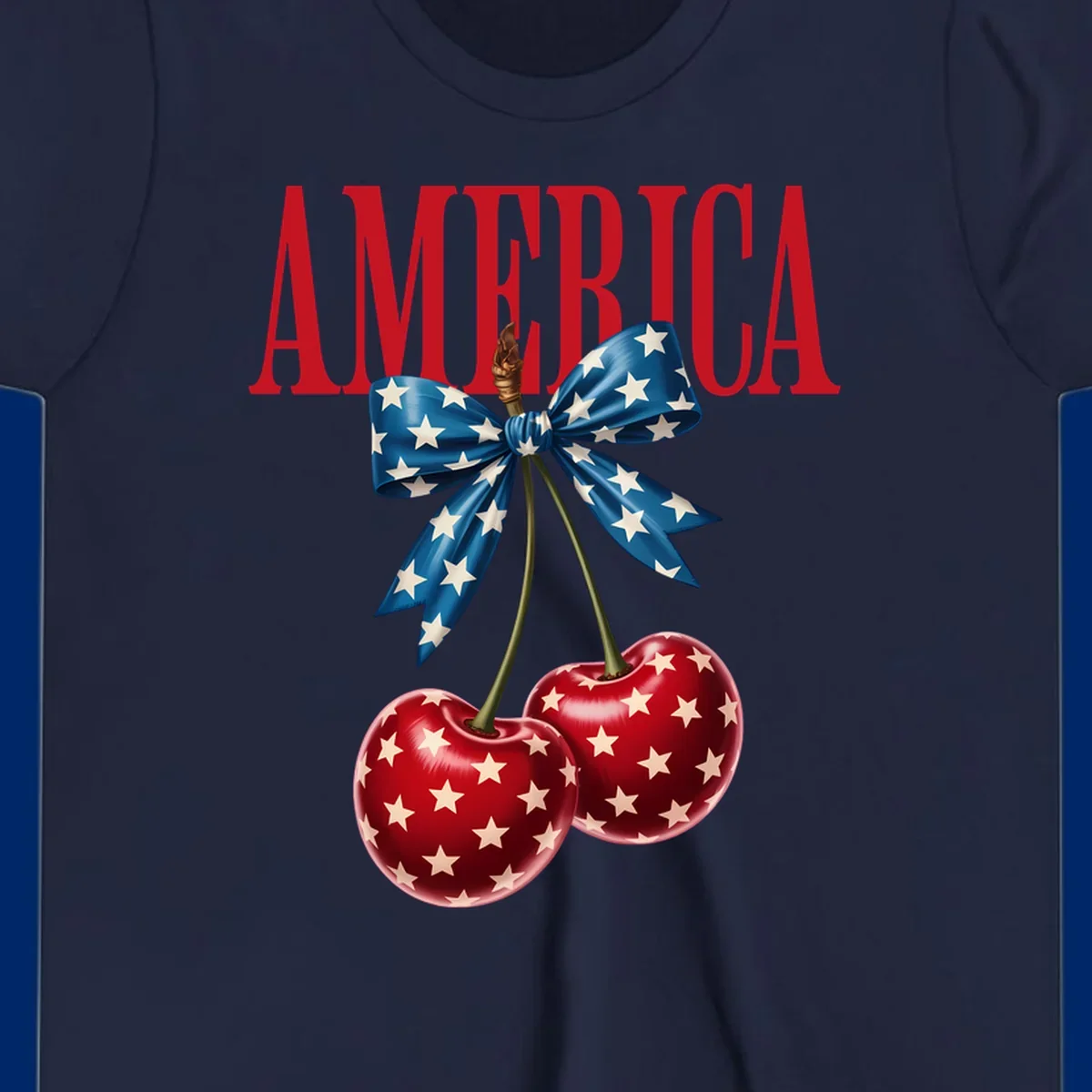The word AMERICA in red above two red, white, and blue star-spangled cherries tied with a star bow. Features america-patriotic-cherries.