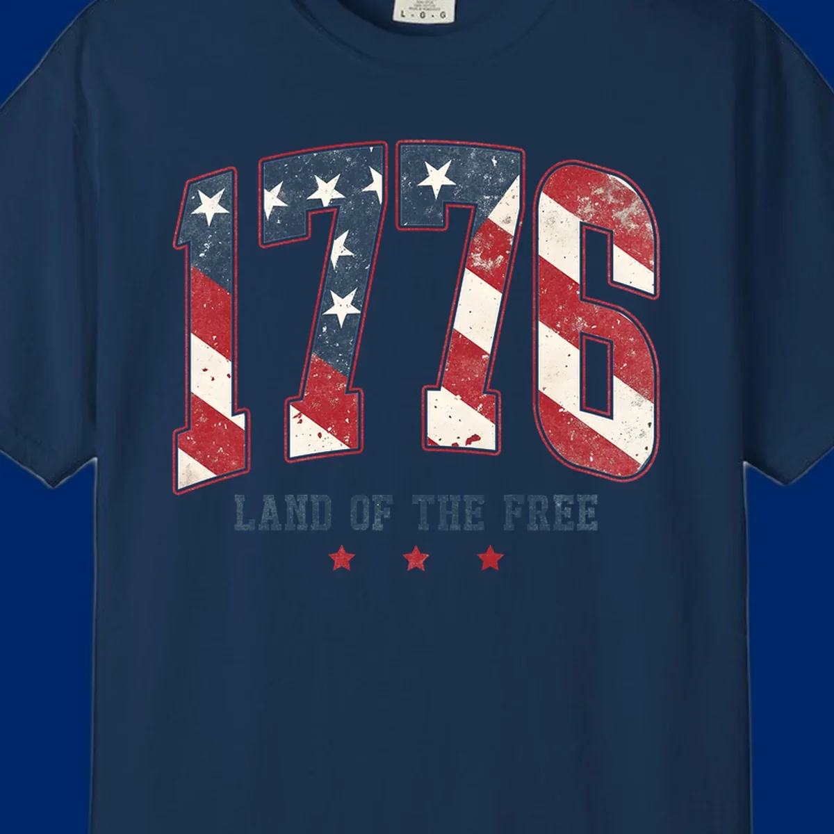 Vintage distressed design featuring the number 1776 in American flag colors and 'LAND OF THE FREE' text, celebrating America's history.